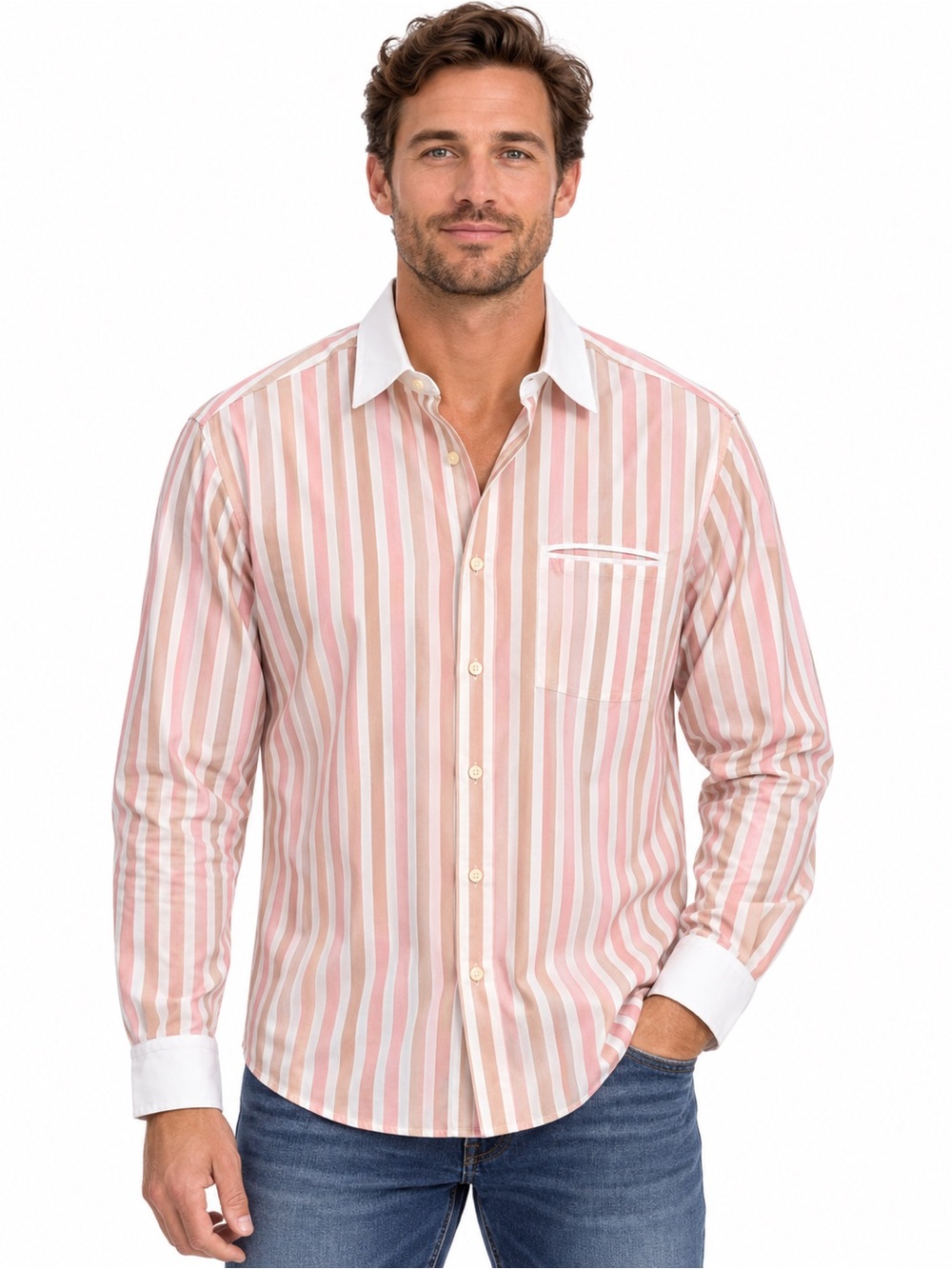Hugo Boss Pink and White Vertical Stripe Dress Shirt